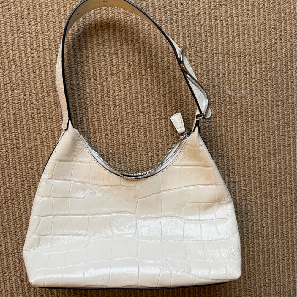 STAUD Cream Crocodile-Embossed Shoulder Bag